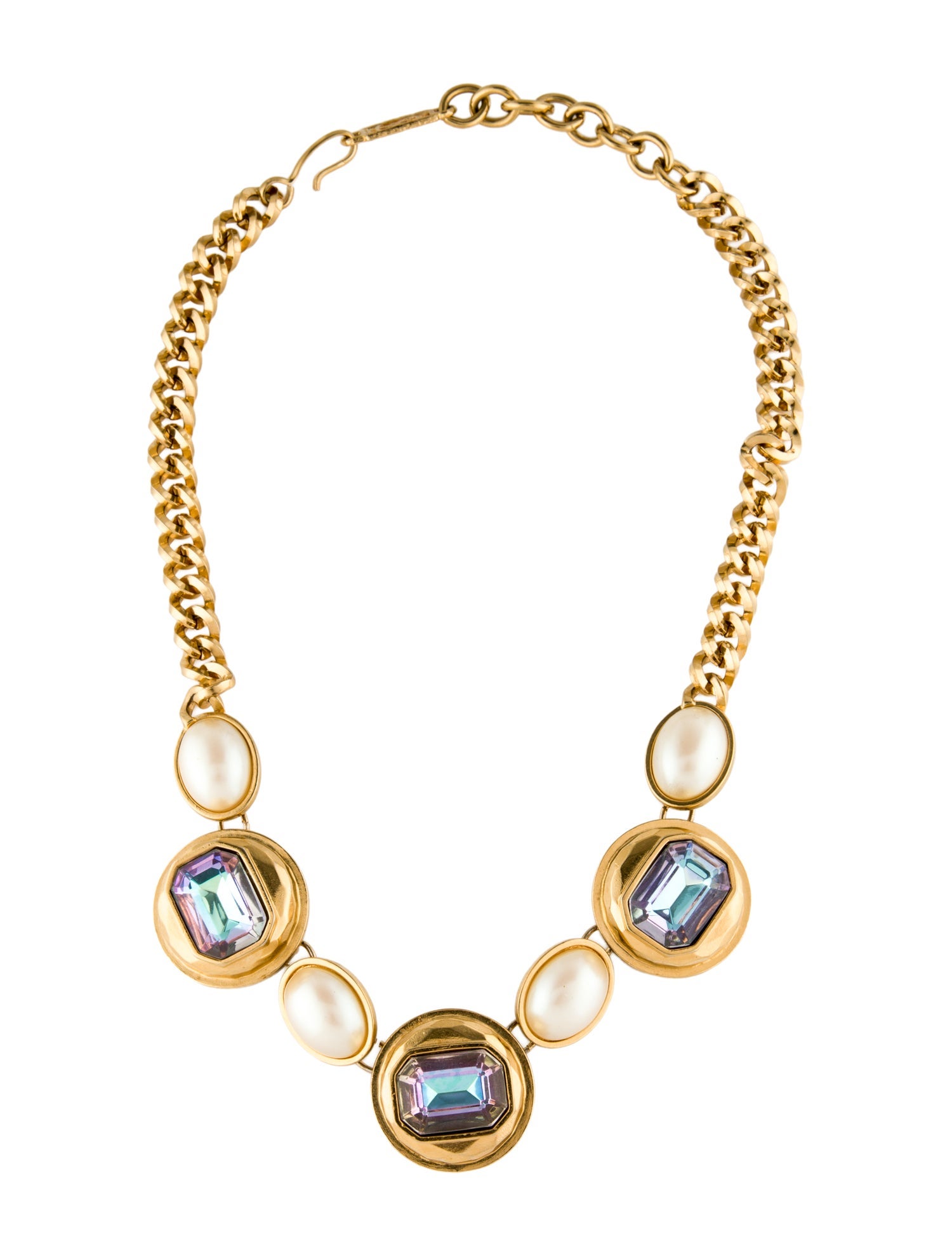Yves Saint Laurent Vintage Crystal & Faux Pearl Station Chain Necklace