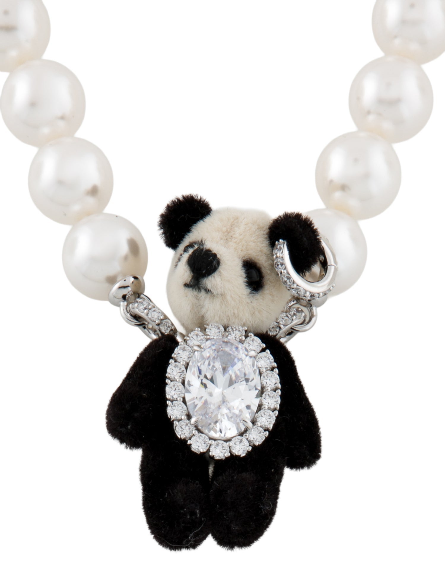 YVMIN Cubic Zirconia, Faux Pearl & Fabric Plush Panda Pendant Necklace