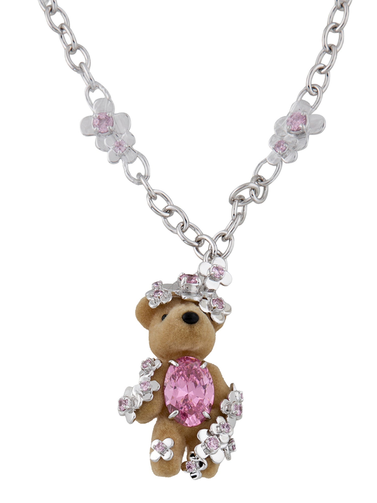 YVMIN Cubic Zirconia Flower Covered Flocked Bear Pendant Necklace