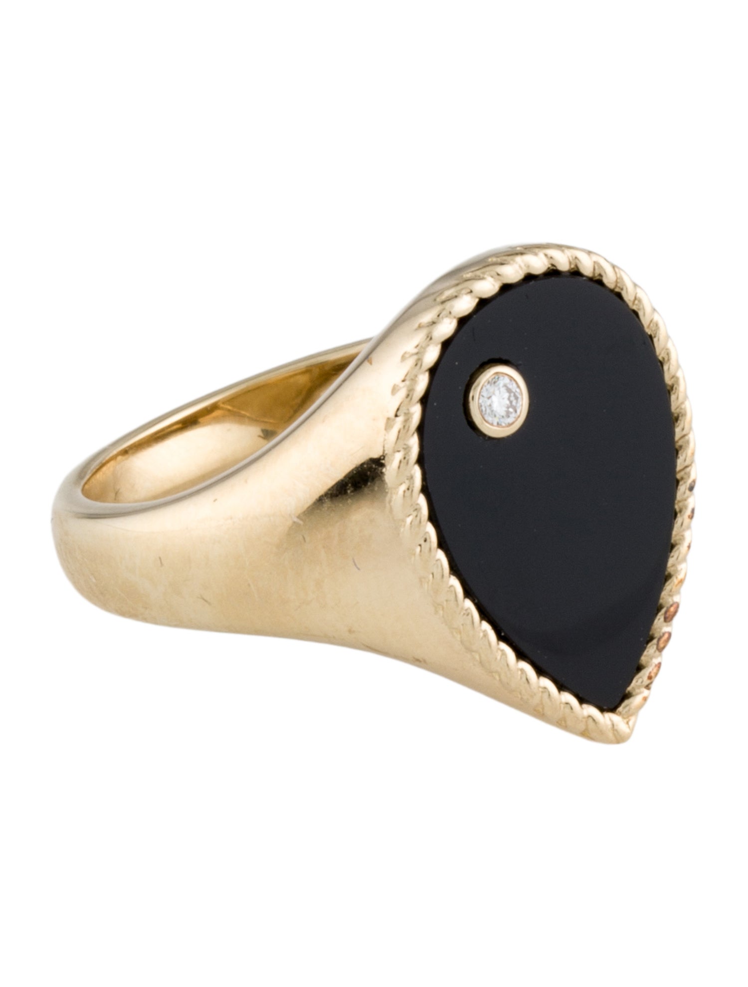 Yvonne Léon 9K Onyx & Diamond Chevalière Poire Signet Ring