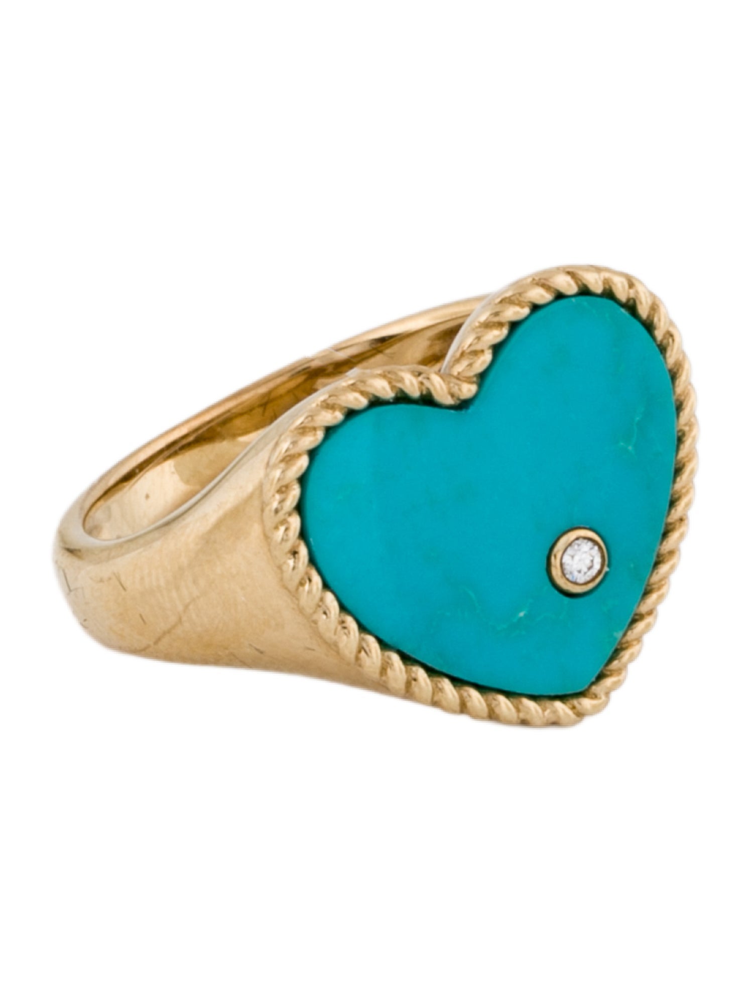 Yvonne Léon 9K Turquoise & Diamond Chevalière Coeur or Jaune Ring