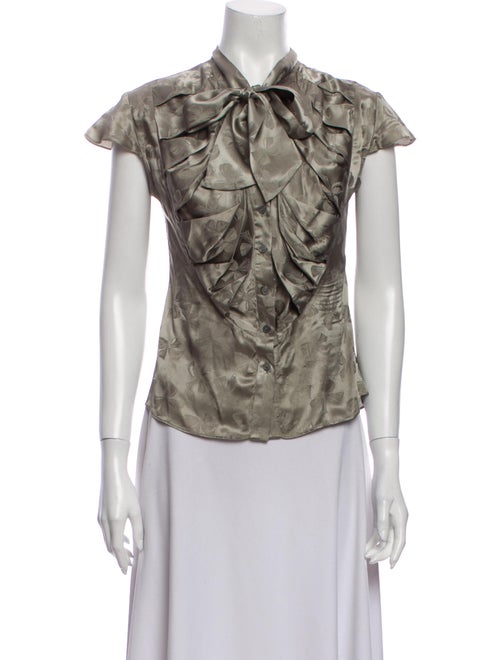 Zac Posen Silk Floral Print Button-Up Top Grey