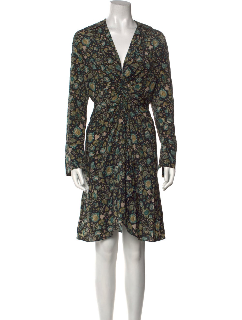 Zadig & Voltaire Silk A-Line Dress Black Floral Print Long Sleeve with V-Neck