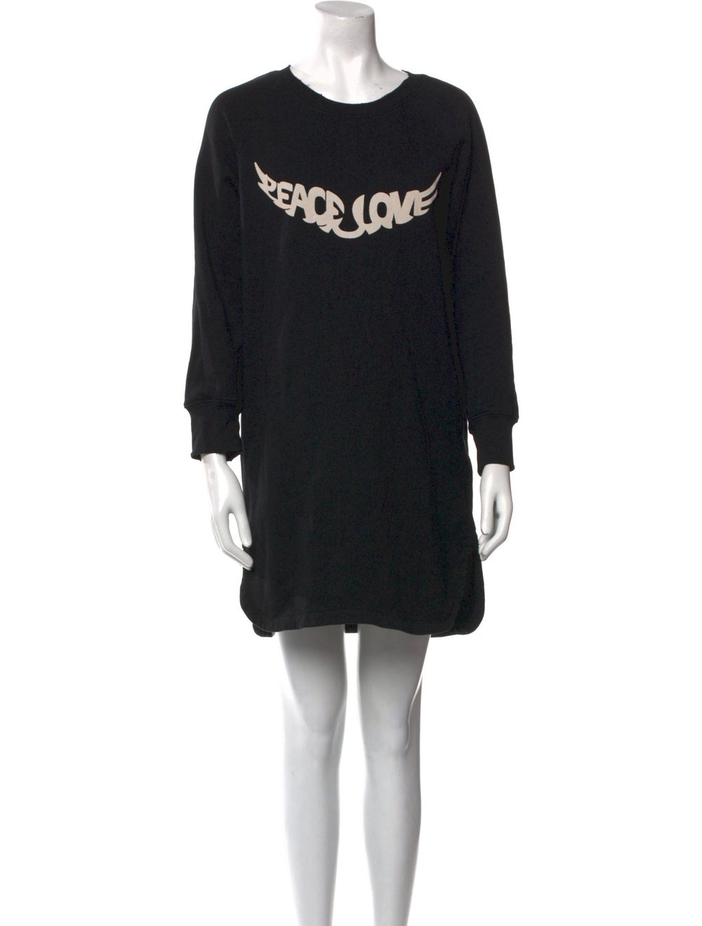 Zadig & Voltaire Shift Dress Black Graphic Print Distressed Accents Long Sleeve with Scoop Neck