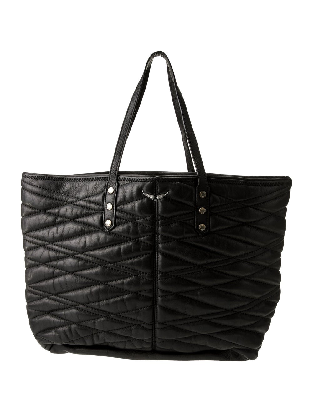 Zadig & Voltaire Tote Black Leather Silver-Tone Hardware Flat Handles & Dual Shoulder Straps Embroidered Accent & Dual Exterior Pockets Canvas Lining & Single Interior Pocket