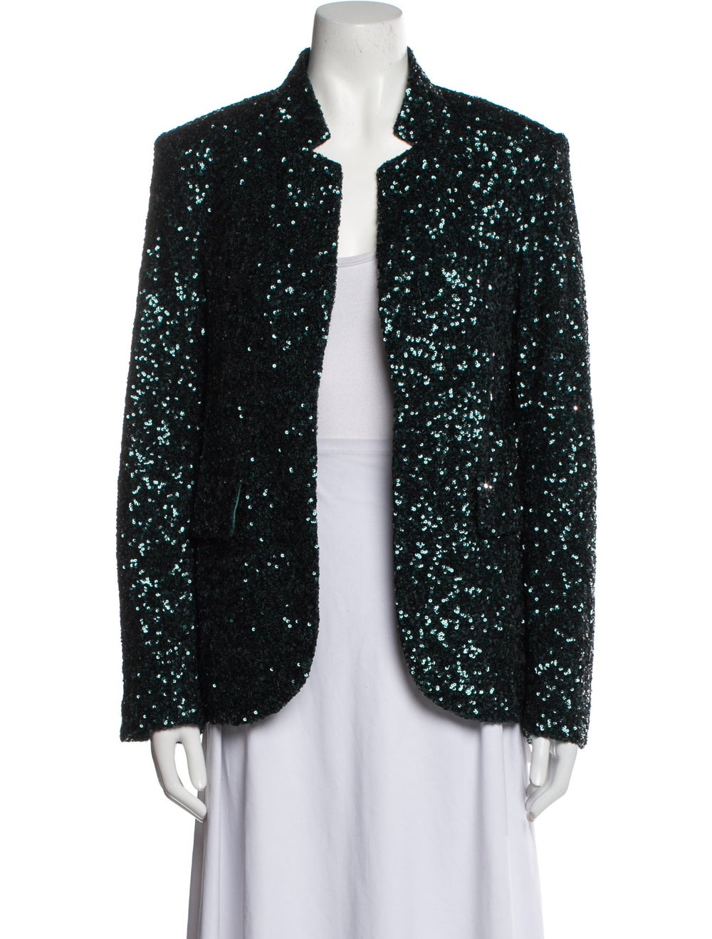 Zadig & Voltaire Evening Jacket Green Printed Raw-Edge & Sequin Accents Pointed Collar