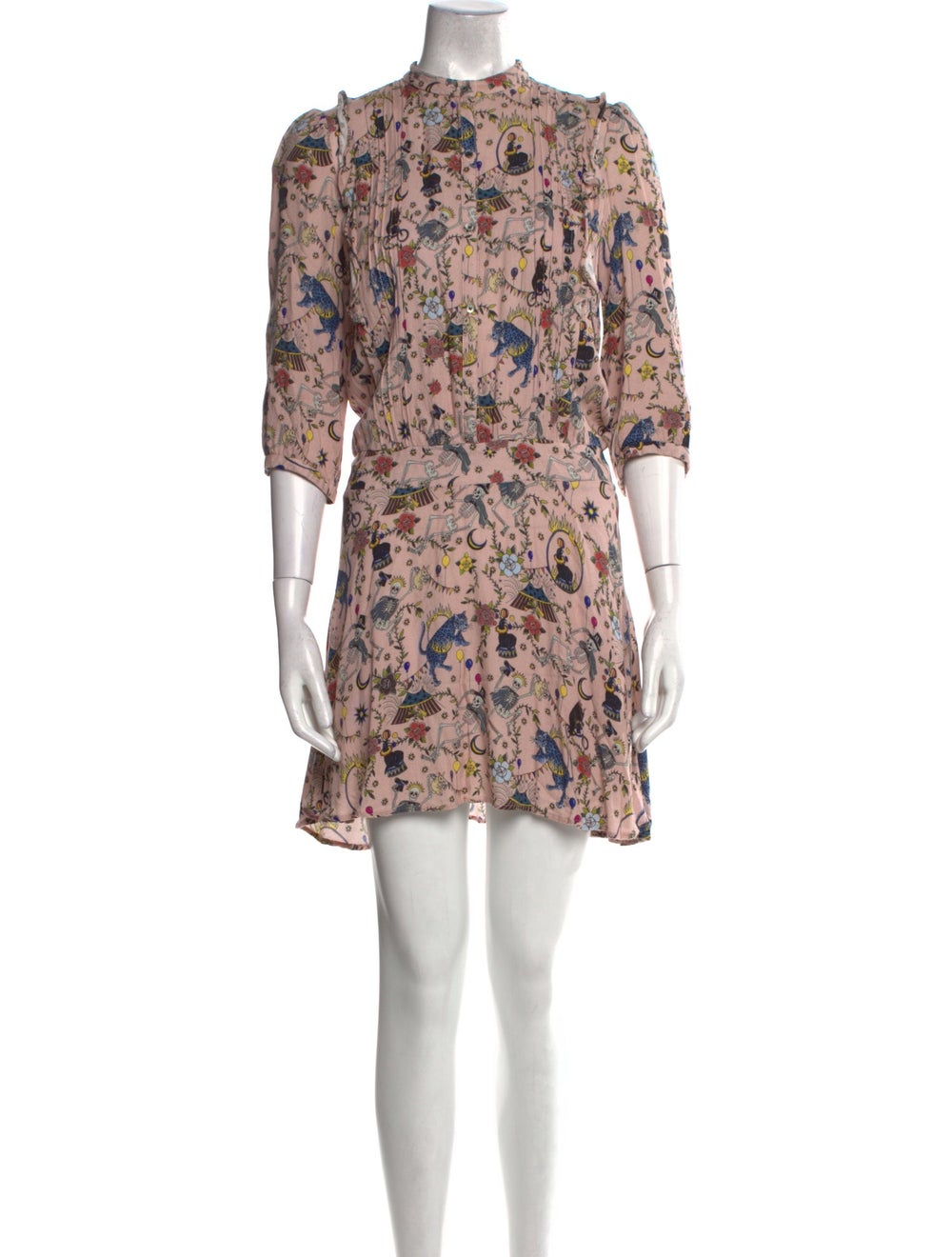 Zadig & Voltaire Dress Pink Floral Print Pleated & Ruffle Accents Three-Quarter Sleeve with Mock Neck