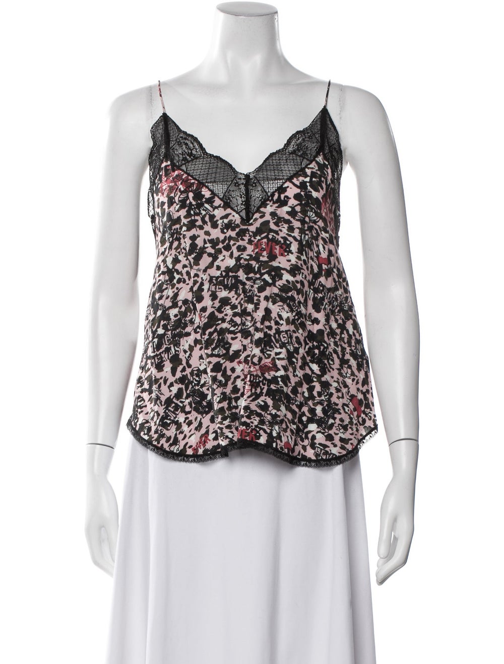 Zadig & Voltaire Silk Tank Top Floral Print Lace & Scalloped Accents Cowl Neck