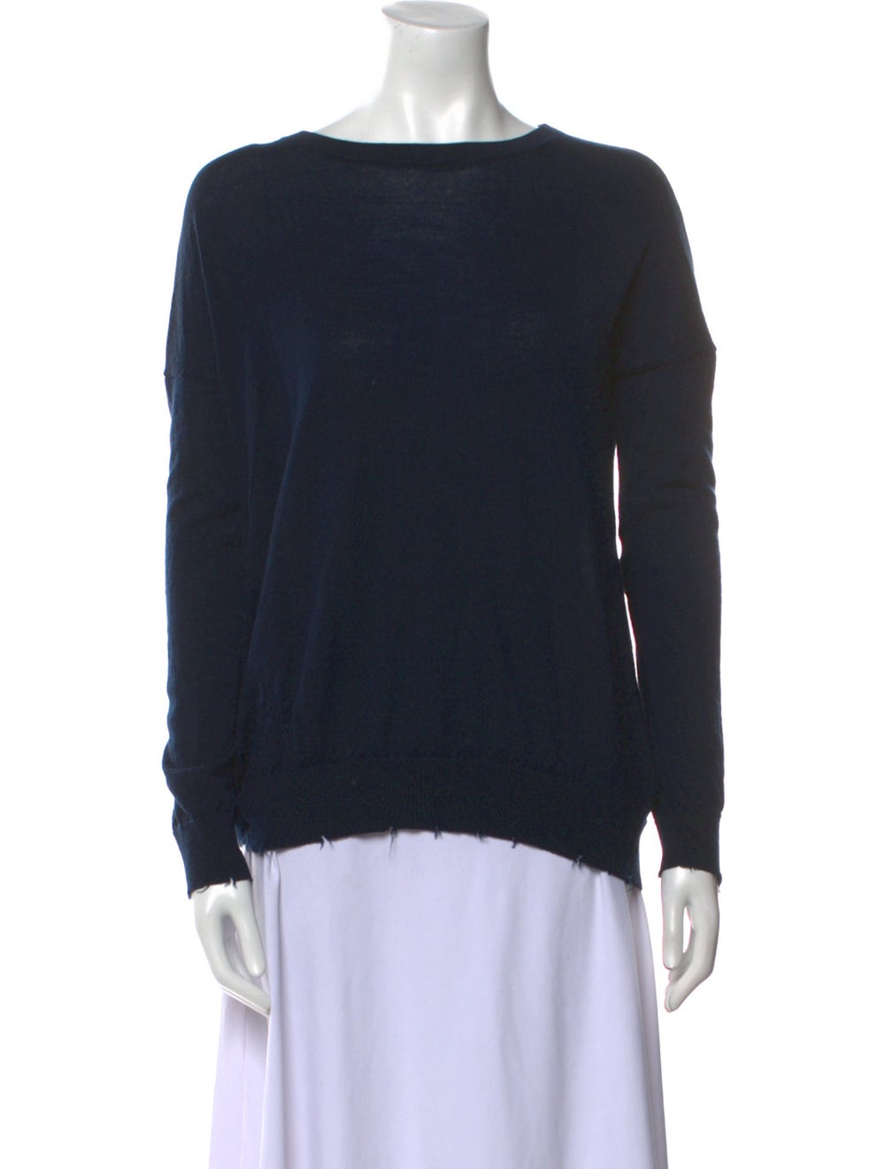 Zadig & Voltaire Merino Wool Pullover Blue Embroidered & Distressed Accents Long Sleeve with Bateau Neckline