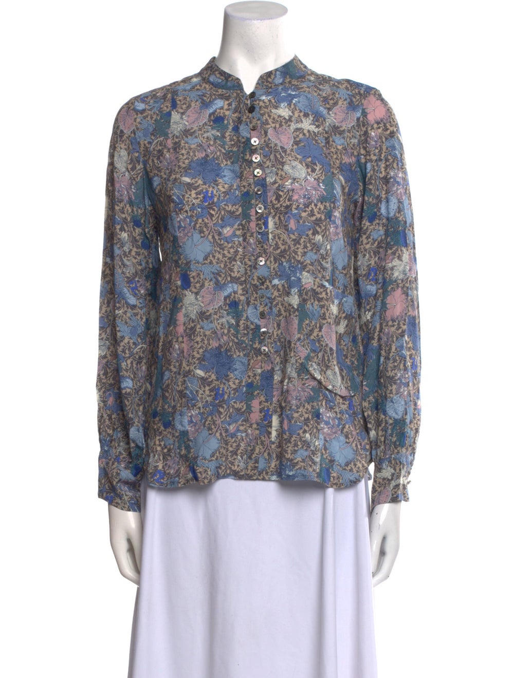 Zadig & Voltaire Button-Up Top Blue Floral Print Pleated Accents Long Sleeve with Collar