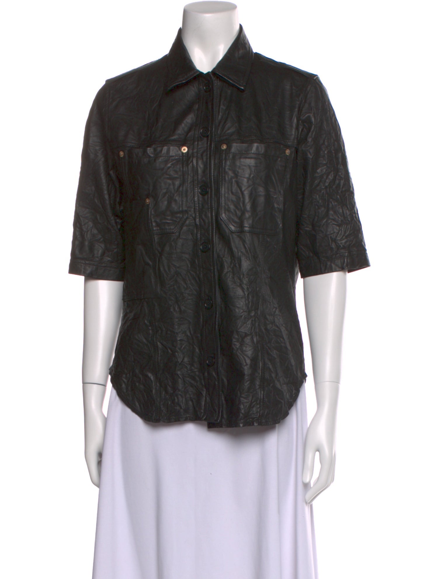 Zadig & Voltaire Lamb Leather Short Sleeve Button-Up Top