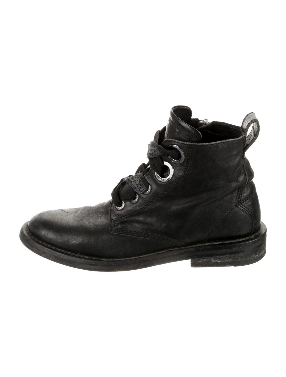 Zadig & Voltaire Leather Ankle Combat Boots Black Round-Toes with Lace Trim Embellishment Lace-Up Closure at Uppers &