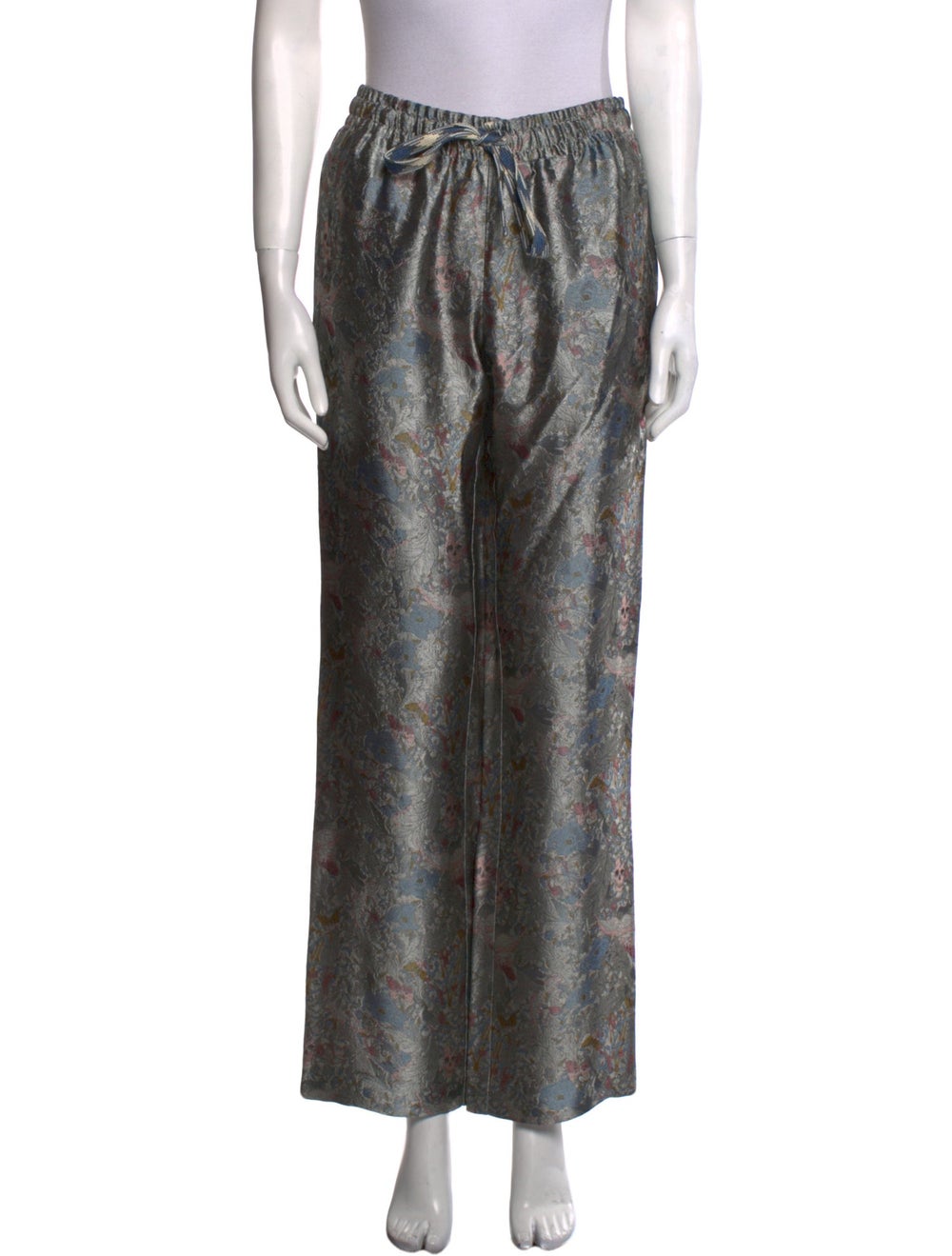 Zadig & Voltaire Wide Leg Pants Metallic & Silver Floral Print Mid-Rise Embroidered Accent Drawstring Closure