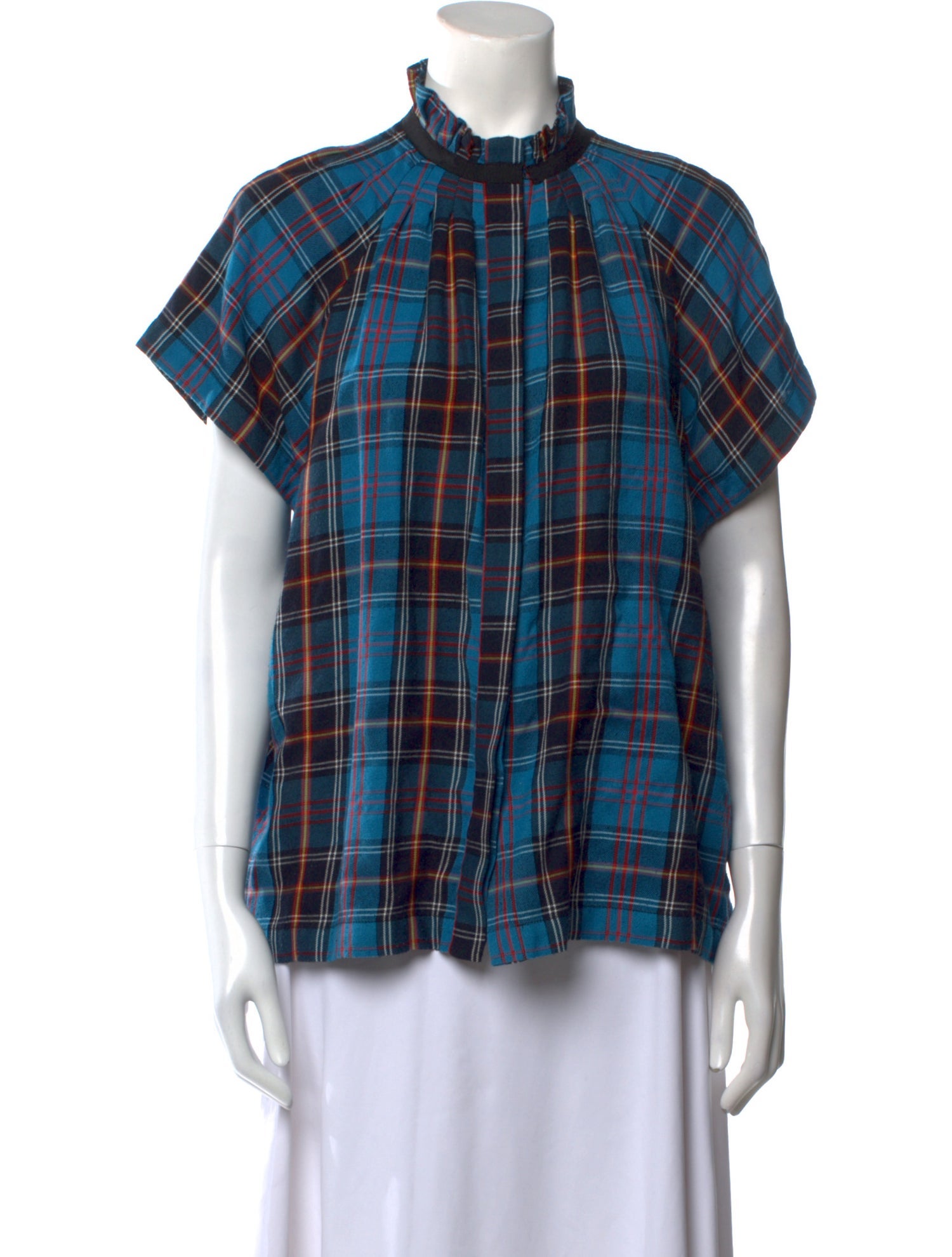 Zero + Maria Cornejo Plaid Print Mock Neck Button-Up Top